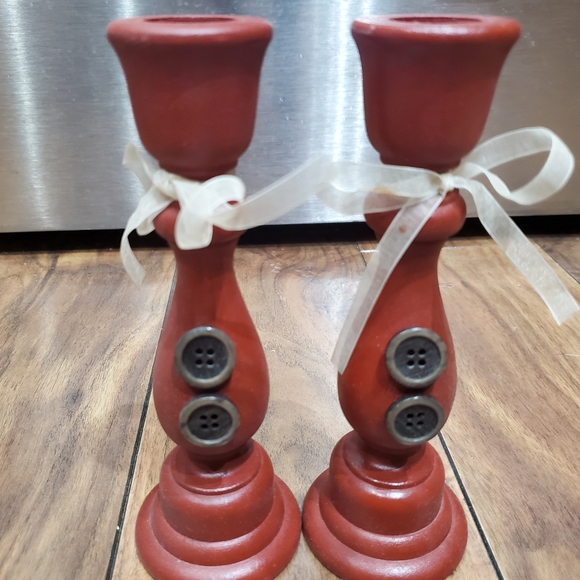 Set of Two Hand Painted Wood Candle Holders With Ribbon and Button Accents! - Picture 3 of 3